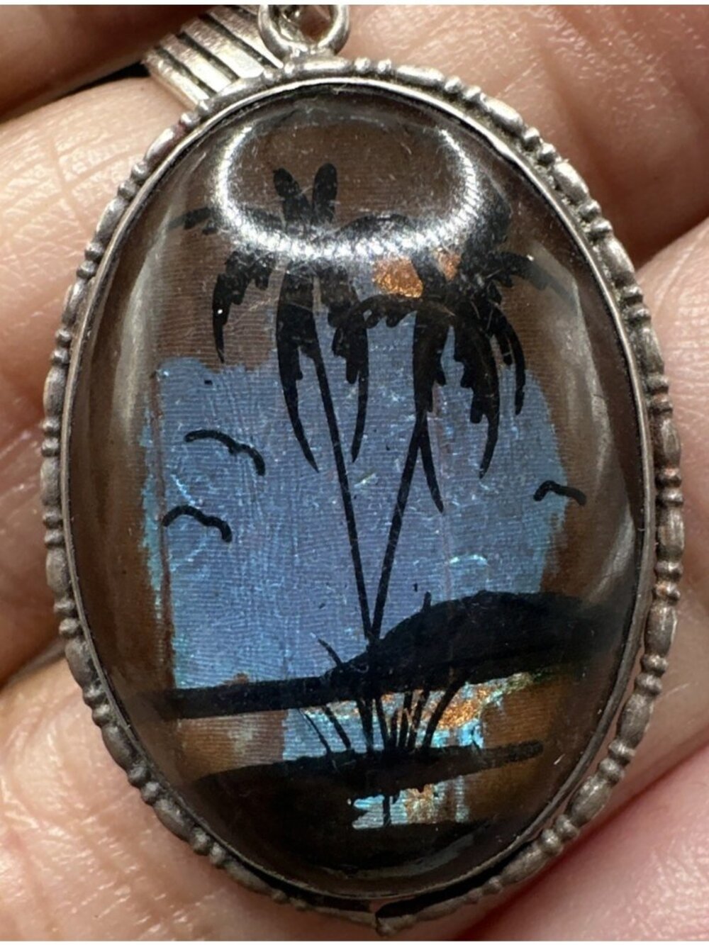 Morpho Butterfly Wing Pendant Chain 17” Sterling Silver Oval Vintage Tropical